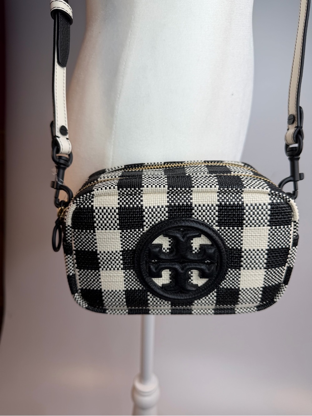 Tory Burch Perry Bombe Gingham Mini Bag Black & White  Crossbody.  NWT